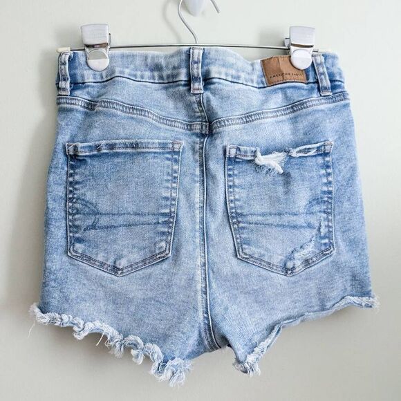 American Eagle Next Level Stretch Curve Hi-Rise Shortie Light Wash Shorts - Picture 4 of 6